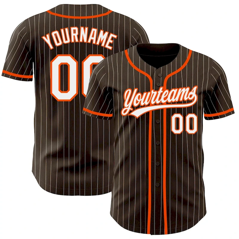 Brown0137.webp Custom Brown White Pinstripe Orange Authentic Baseball Jersey - Image 1
