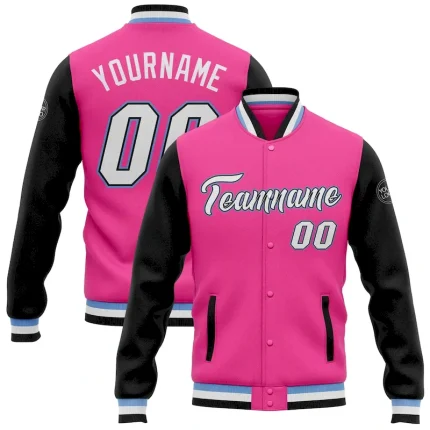 Custom Pink White Black-Light Blue Bomber Full-Snap Varsity Letterman Two Tone Jacket
