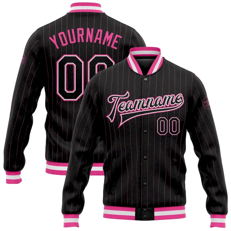Jacket1411.webp Custom Black Pink Pinstripe Black-White Bomber Full-Snap Varsity Letterman Jacket - Image 1