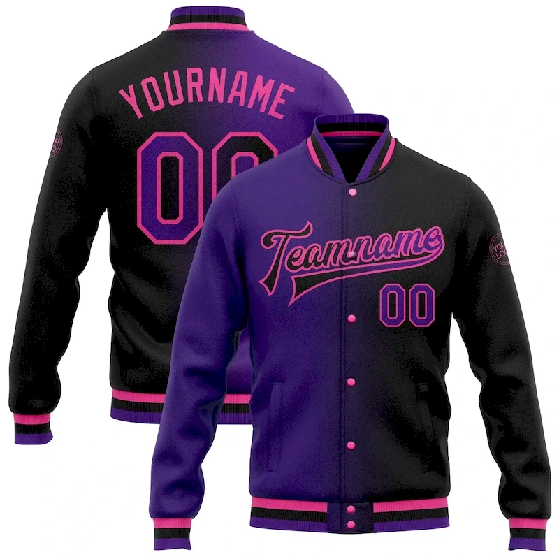 Jacket2211.webp Custom Black Purple-Pink Bomber Full-Snap Varsity Letterman Gradient Fashion Jacket - Image 1