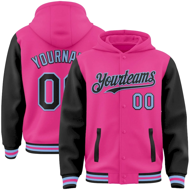Jacket4122-1.webp Custom Pink Black-Light Blue Bomber Full-Snap Varsity Letterman Two Tone Hoodie Jacket - Image 1
