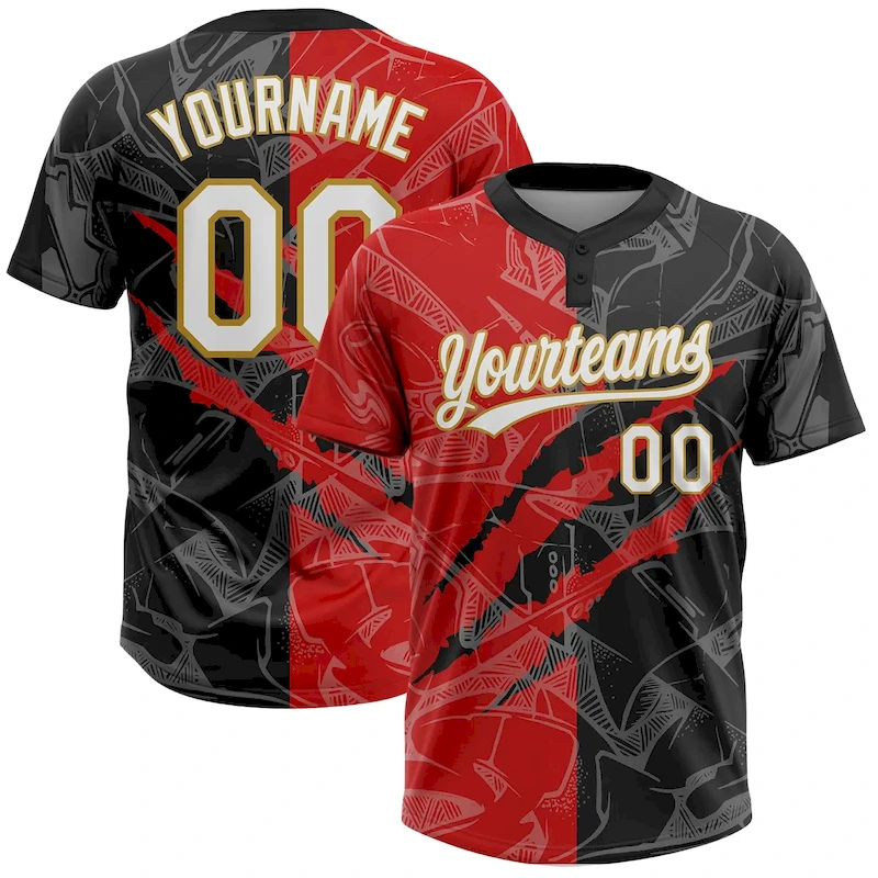 Softball0674.webp Custom Graffiti Pattern Black Red-Old Gold 3D Two-Button Unisex Softball Jersey - Image 1